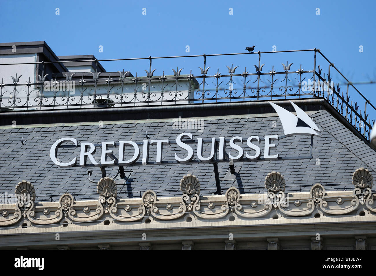 credit suisse logo at the roof of the headquarter in zuerich, switzerland. Stock Photo