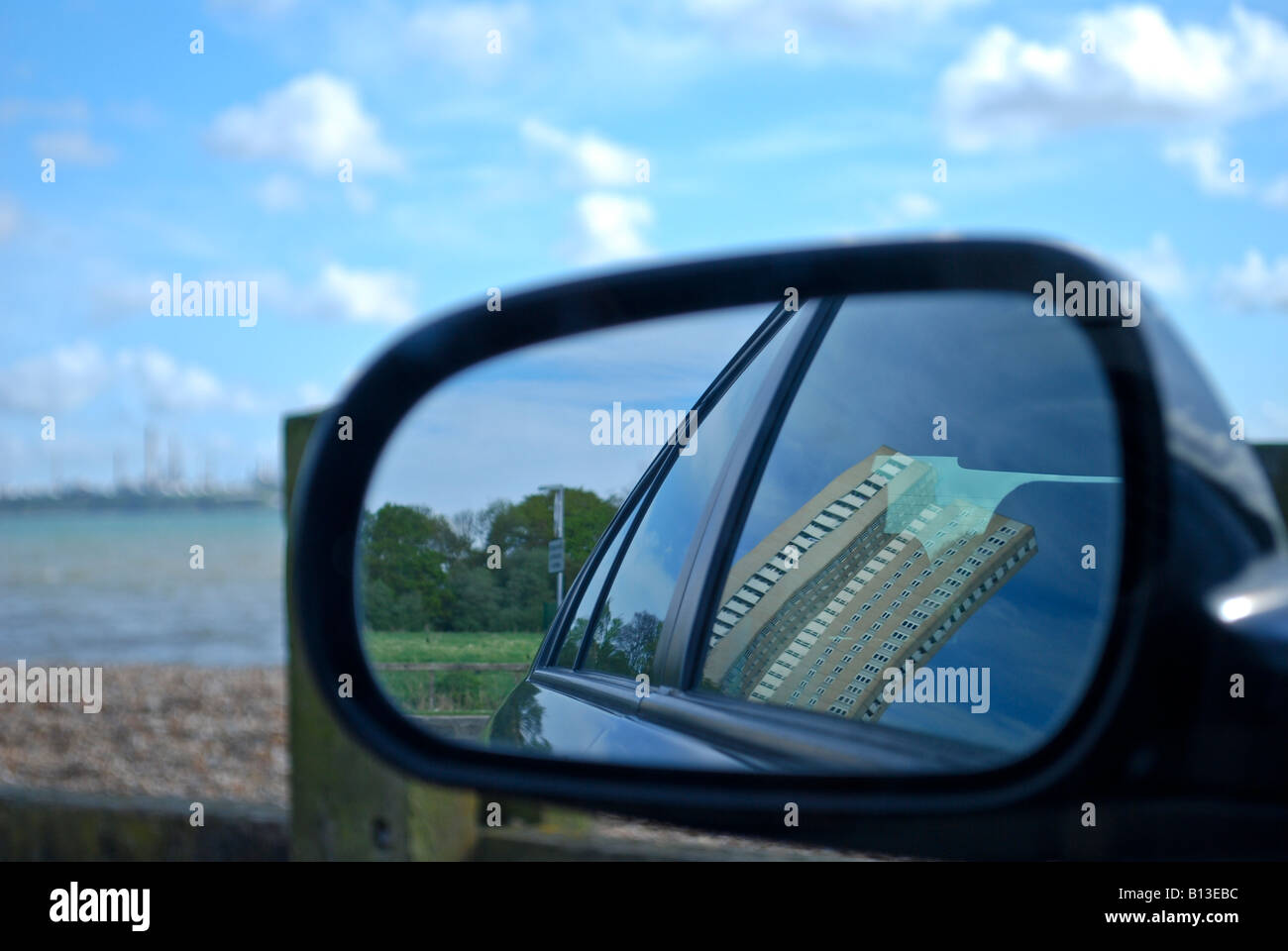 Image of a tower block of apartments on Weston Shoreline, reflected in a car wing mirror Southampton,England. Stock Photo