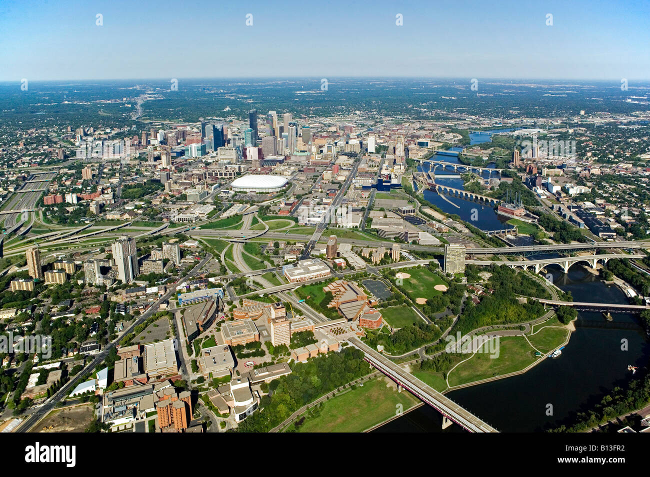 aerial above Minneapolis, Minnesota and Mississippi river Stock Photo