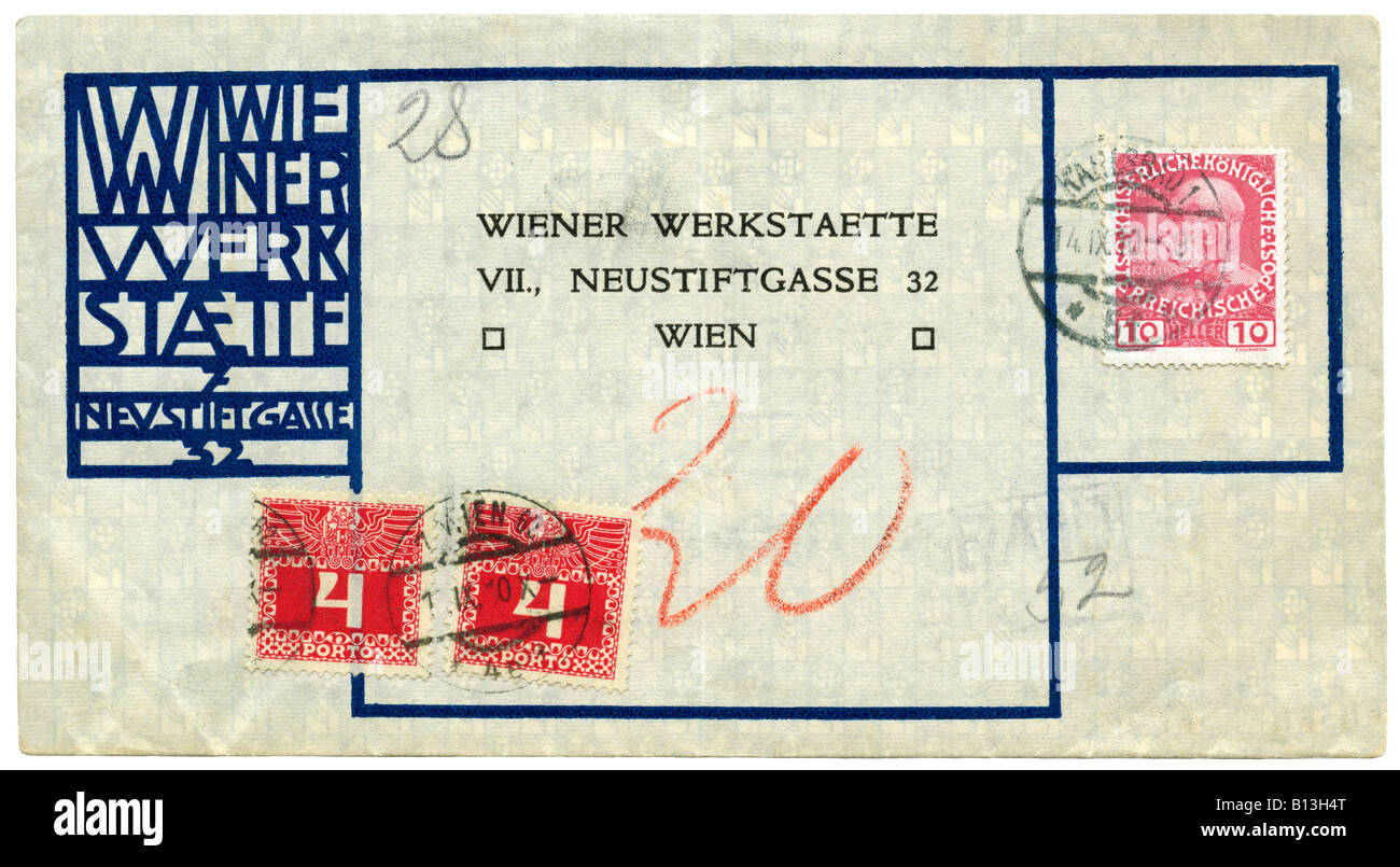 Illustrated envelope of the 'Wiener Werkstaette' franked with Emperor Franz Joseph I and Postage Due stamps, Austria 1908. Stock Photo