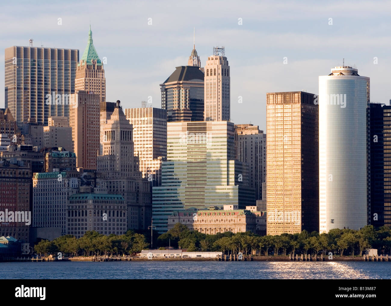 A view of the New York City Lower Manhattan Skyline in the Financial District Stock Photo