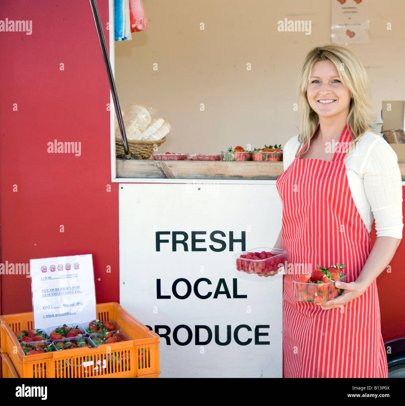 Selling fruits, "Fresh Local Produce" Strawberry seller Girl selling