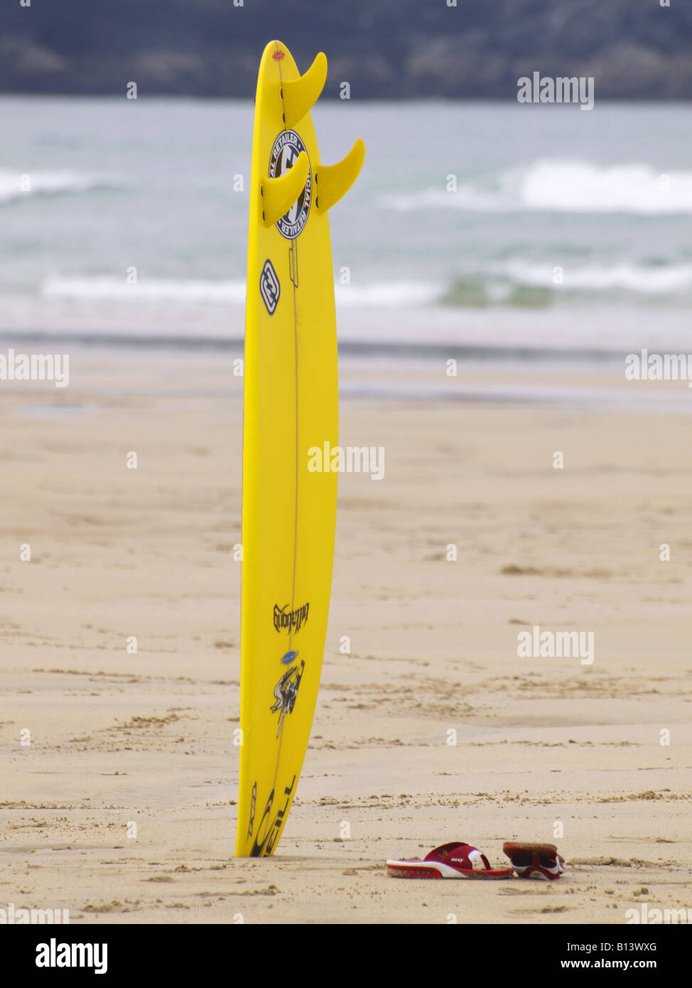 Yellow surfboard standing upright in hires stock photography and