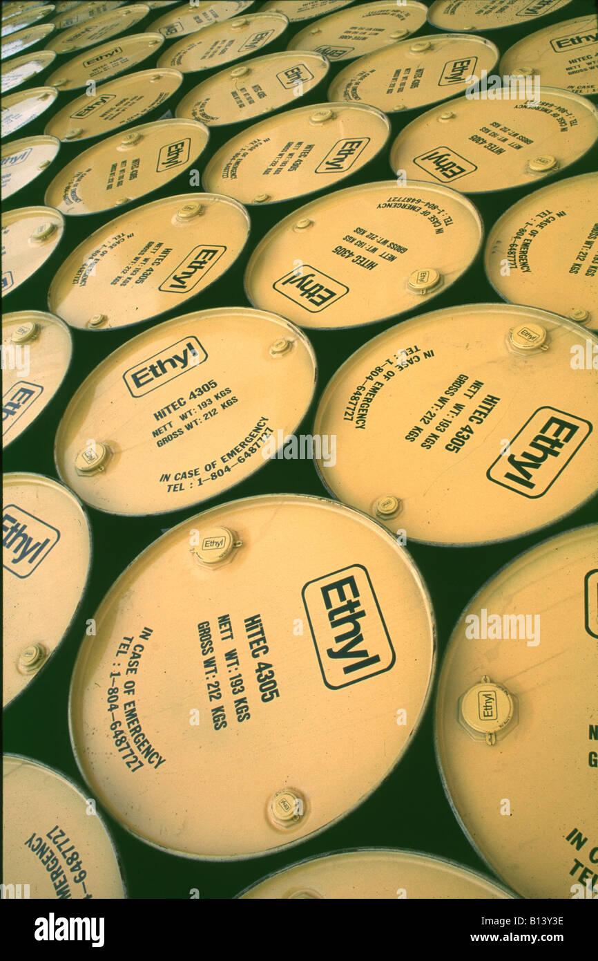 Graphic shot of stacked oil drums containing Ethyl taken in Singapore