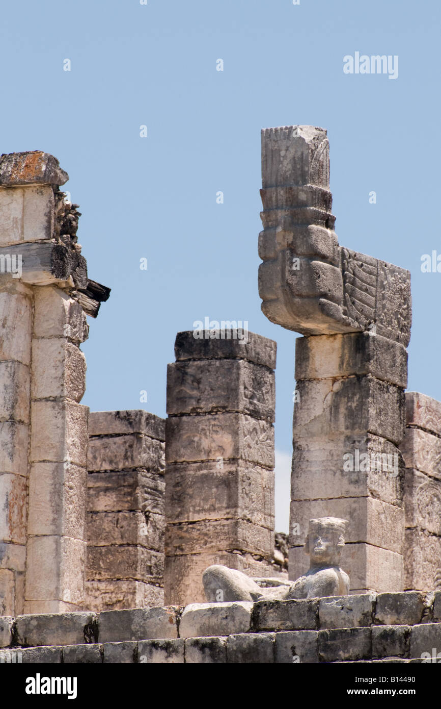 Temple of the Warriors and Chac Mool at the Mayan ruins of Chichen Itza Mexico Stock Photo