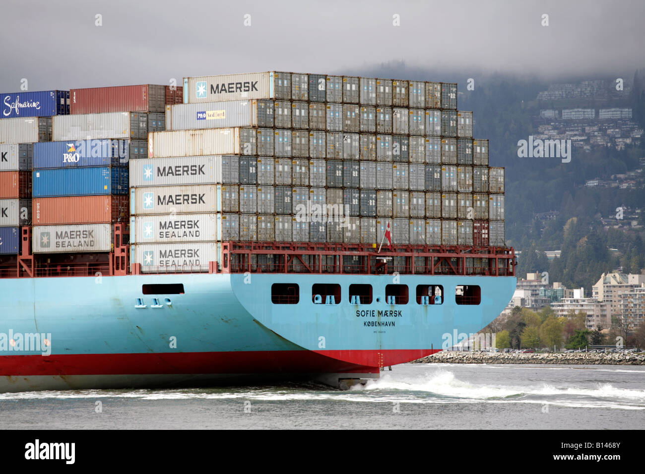 Maersk container ship leaving Vancouver port. (The Sofie Maersk