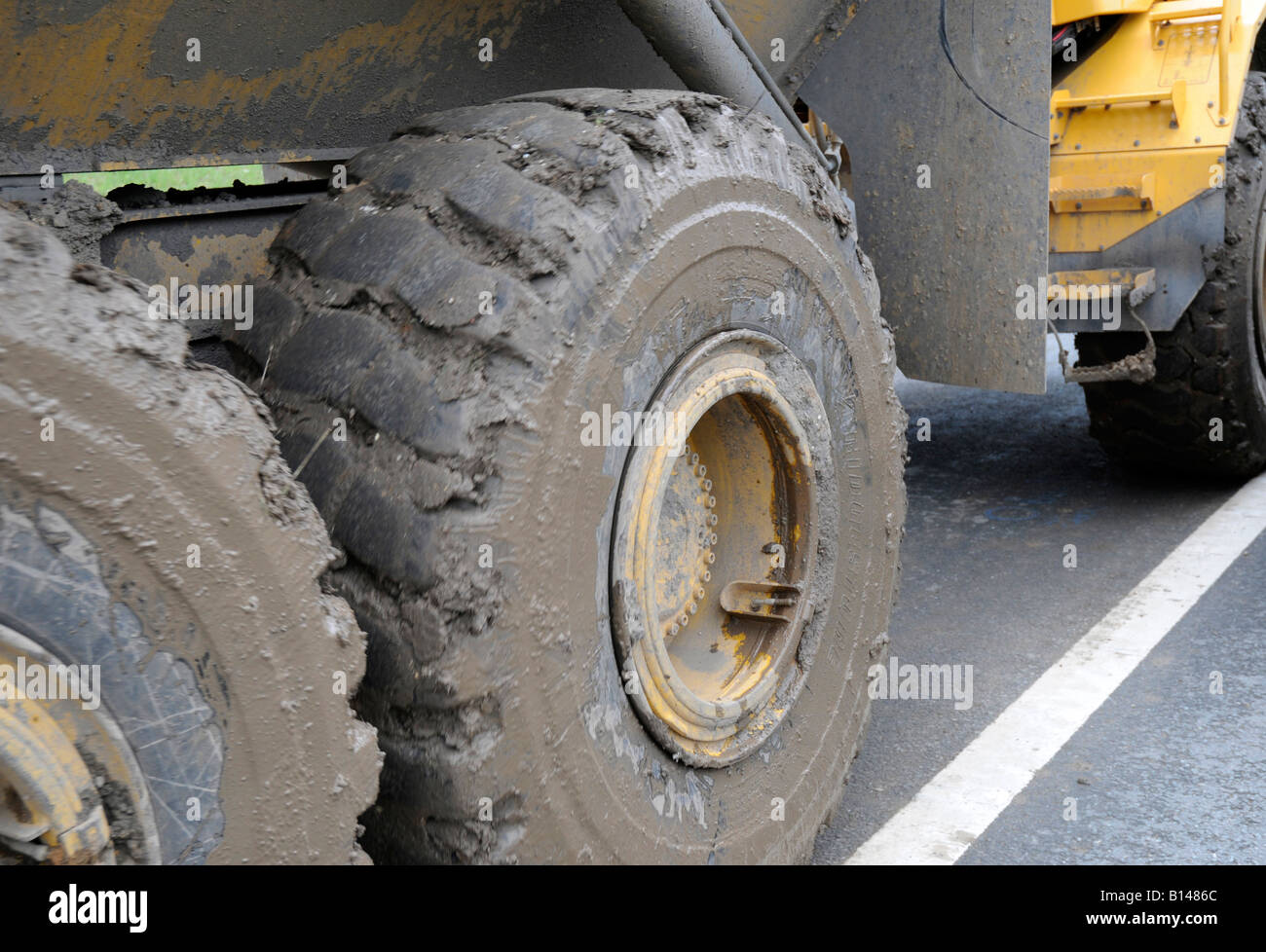 Dumper Truck Wheels, UK construction site Stock Photo