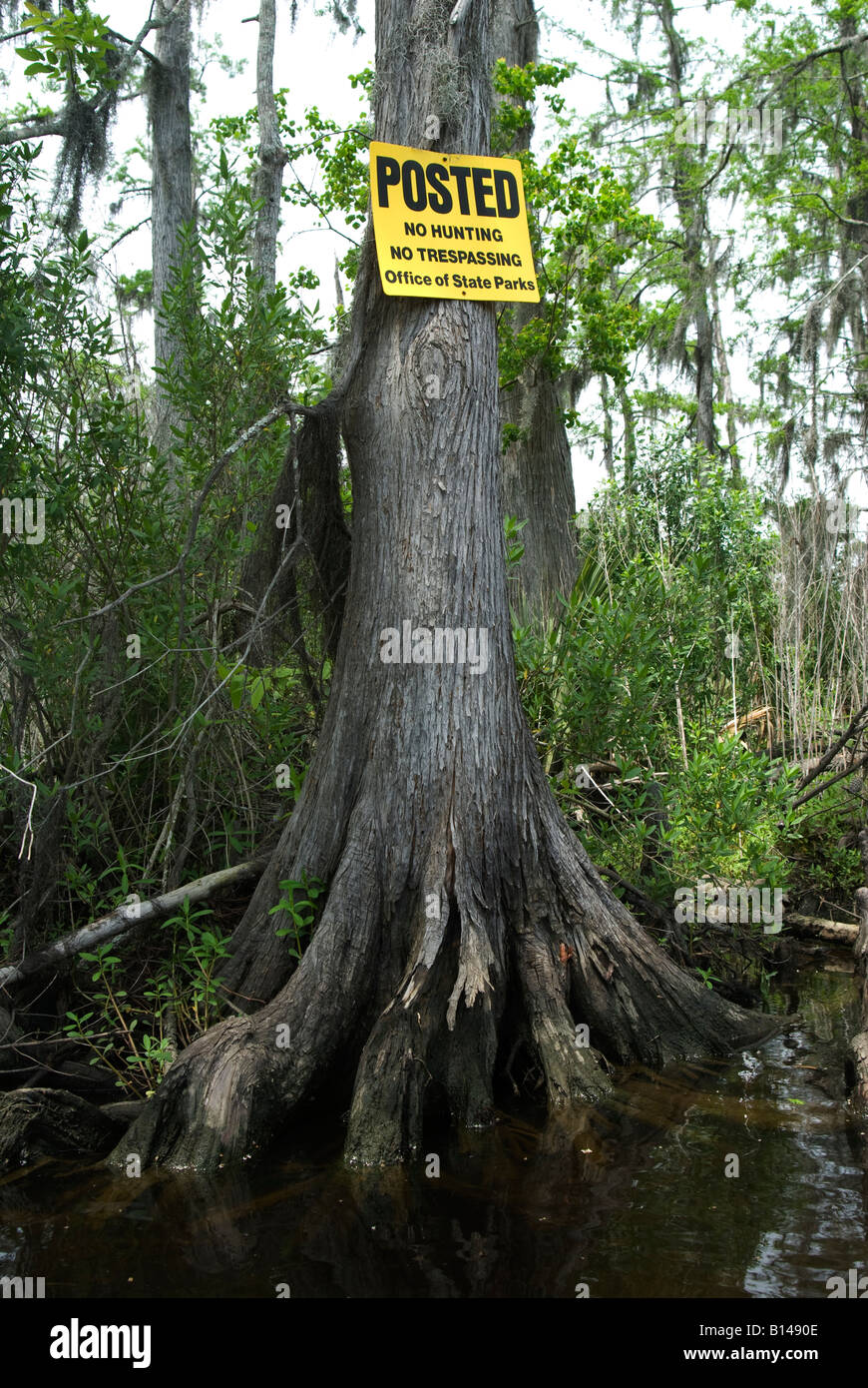 Posted no hunting no trespassing sign in Cane Bayou near New Orleans
