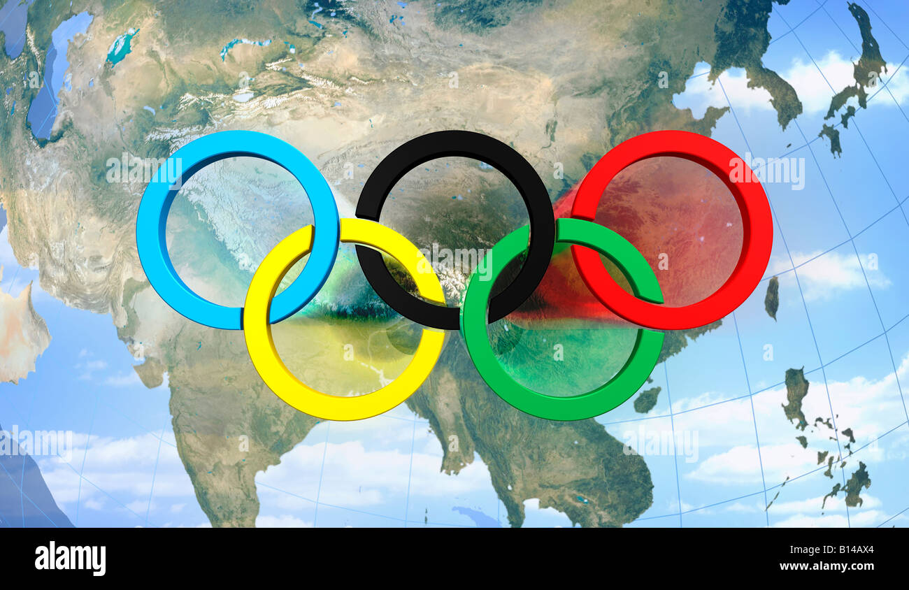 Olympic rings over China map Stock Photo