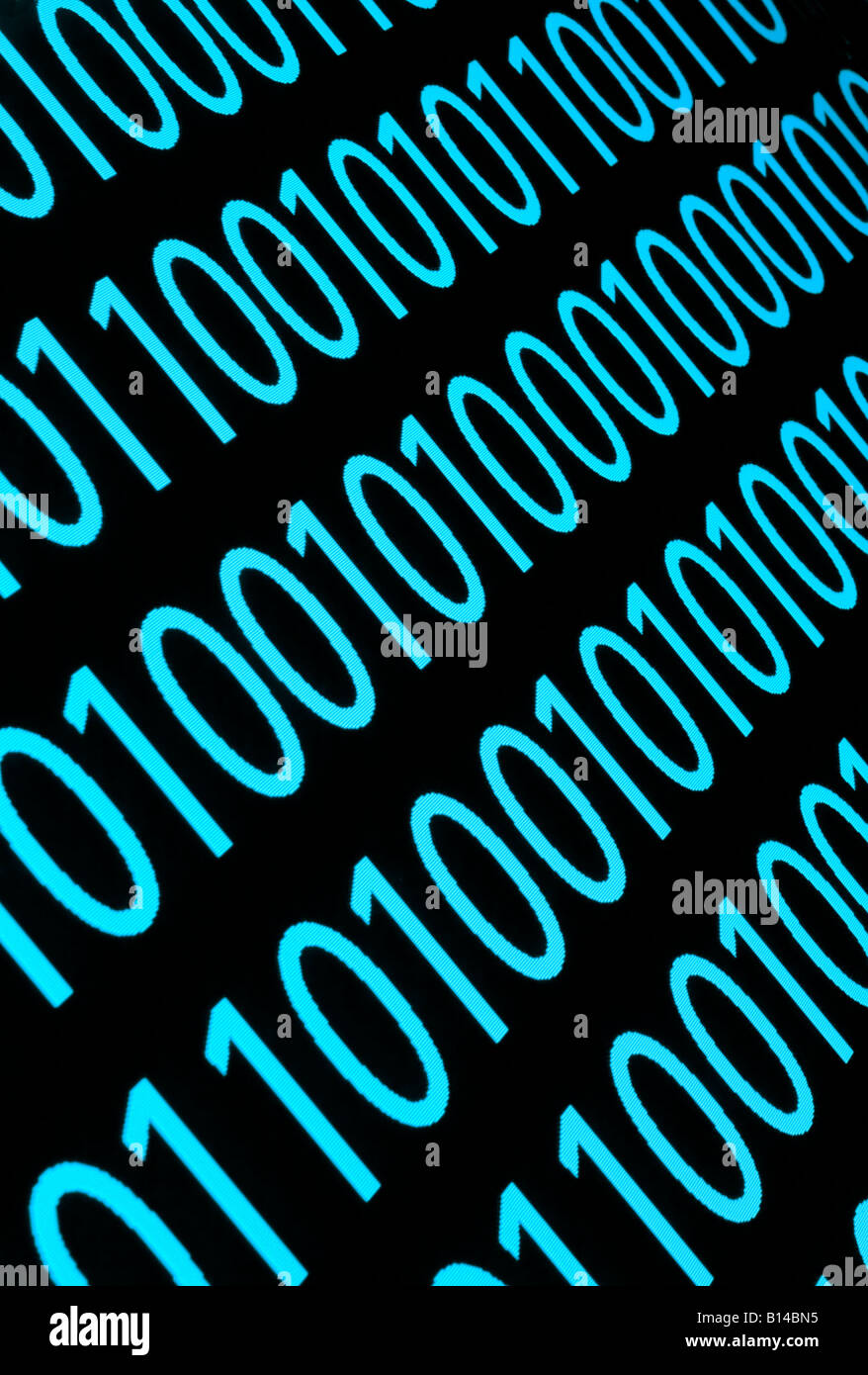 Blue binary code photographed on a computer screen Stock Photo