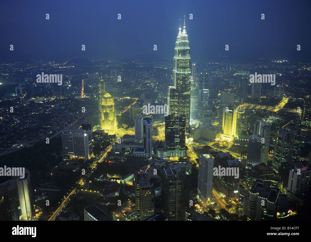 geography / travel, Malaysia, Kuala Lumpur, city views / cityscapes, view from KL TV Tower towards Petronas Twin Towers, night shot, Additional-Rights-Clearance-Info-Not-Available Stock Photo