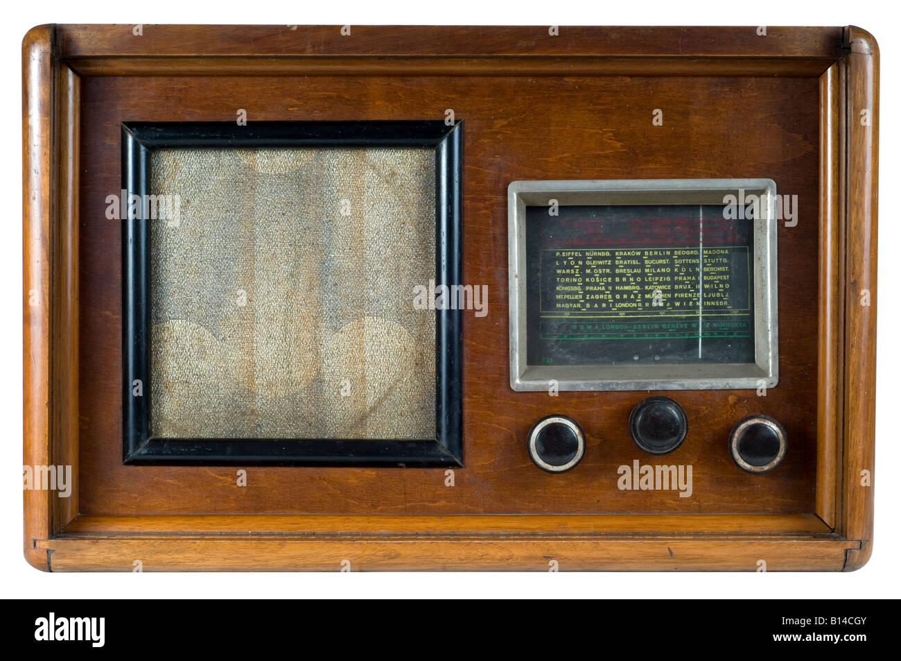 Old wooden radio on white background. Stock Photo