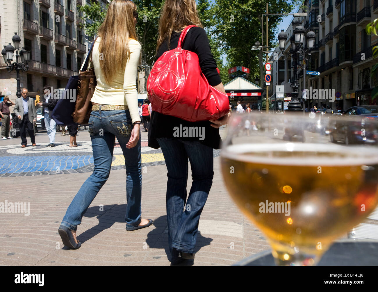 Woman walking on the Ramblas in Barcelona, Las Ramblas, Catalonia, Spain, Europe, EU Stock Photo