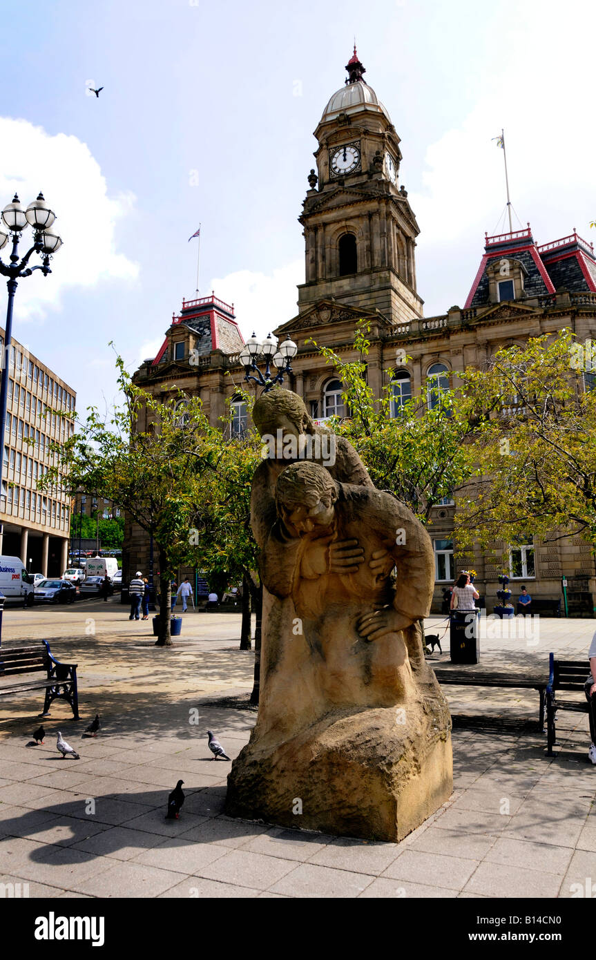 The Good Samaritan statue in front of the The Town Hall in Crackenedge