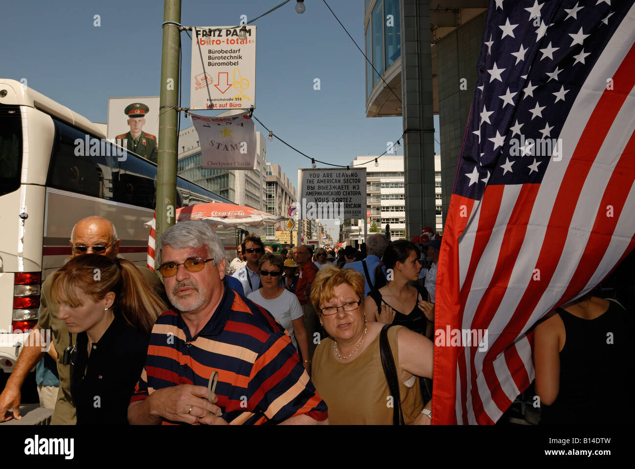 Berlin. Checkpoint Charlie today. Tourists at the former allied forces frontier control point. Stock Photo