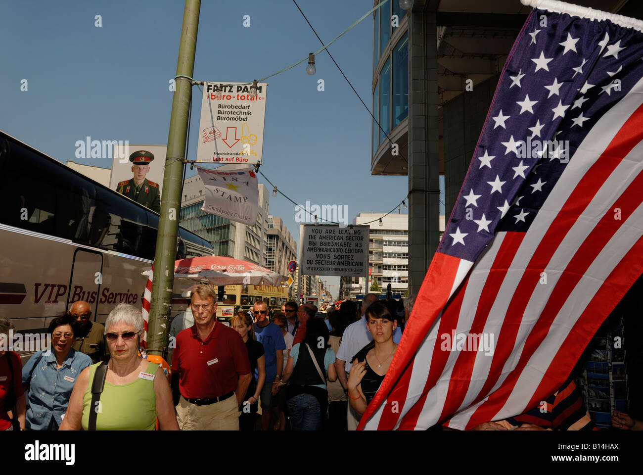 Berlin. Checkpoint Charlie today. Tourists at former allied forces frontier control point. Stock Photo