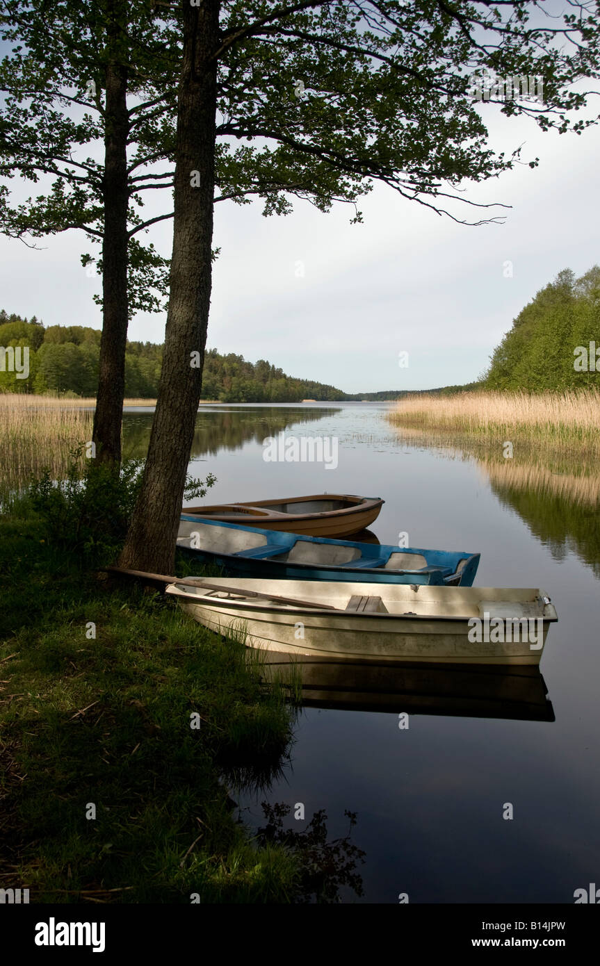 Small dinghies tied to the shore of a small stream and lake in a pastoral landscape Stock Photo