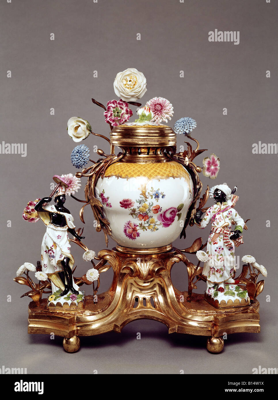 fine arts, porcelain, vessel with flowers and figures, Meissen, 18th century, Bayerisches Nationalmuseum, Munich, Artist's Copyright has not to be cleared Stock Photo