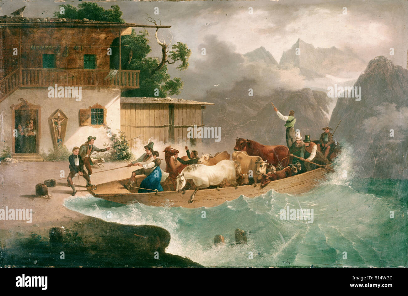 fine arts, Gauermann, Friedrich, (1807 - 1862), painting, 'Viehtransport über den Königssee', ('transporting cattle over lake Kö Stock Photo
