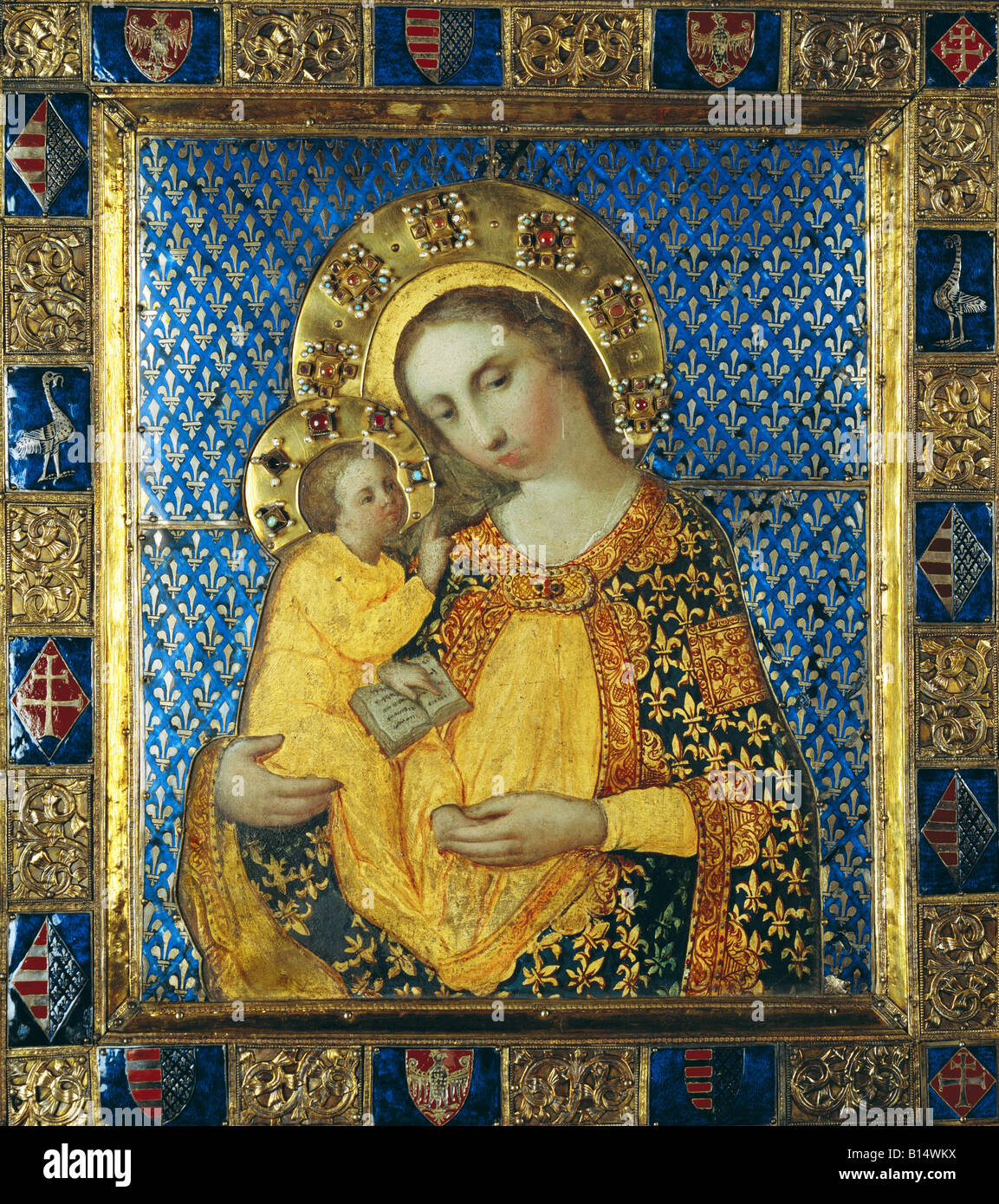 fine arts, religious art, Virgin Mary with child, painting, tempera on wood, gilted silver sheet with enamel and jewelry, Hungary, pre 1367, Aachen Minster Treasure,  , Artist's Copyright has not to be cleared Stock Photo