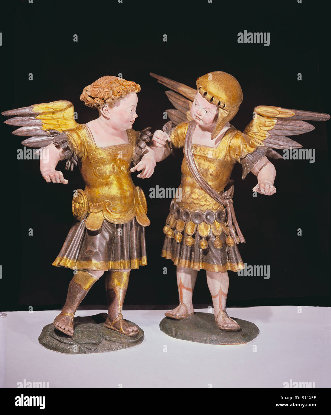 fine arts, sculpture, 'Zwei Puttos in Ruestung' (Two putti in armour), circa 1530 / 1540, wood, hand-carved, painted, gilded, height 44 cm and 45 cm, formerly church 'Unsere liebe Frau' (Our beloved woman), Ingolstadt, Germany, Bavarian National Museum, Munich, Artist's Copyright has not to be cleared Stock Photo