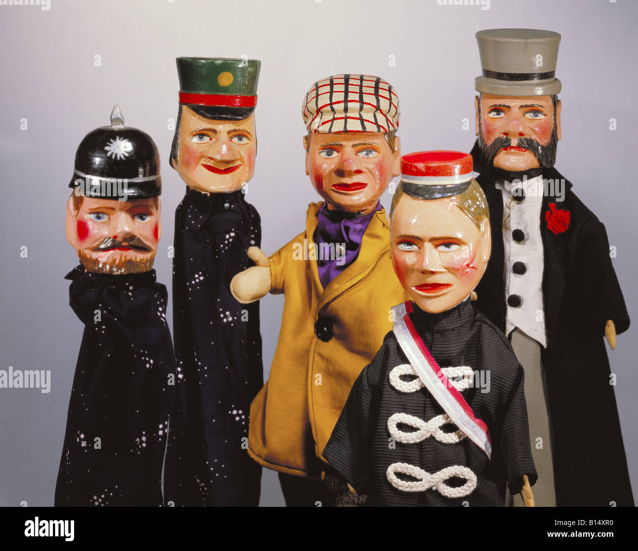 theatre, puppet theatre, hand puppets, policeman, postman, Englishman, student and Dandy, possibly from Thuringia, circa 1900, Stadtmuseum, Munich, , Artist's Copyright has not to be cleared Stock Photo