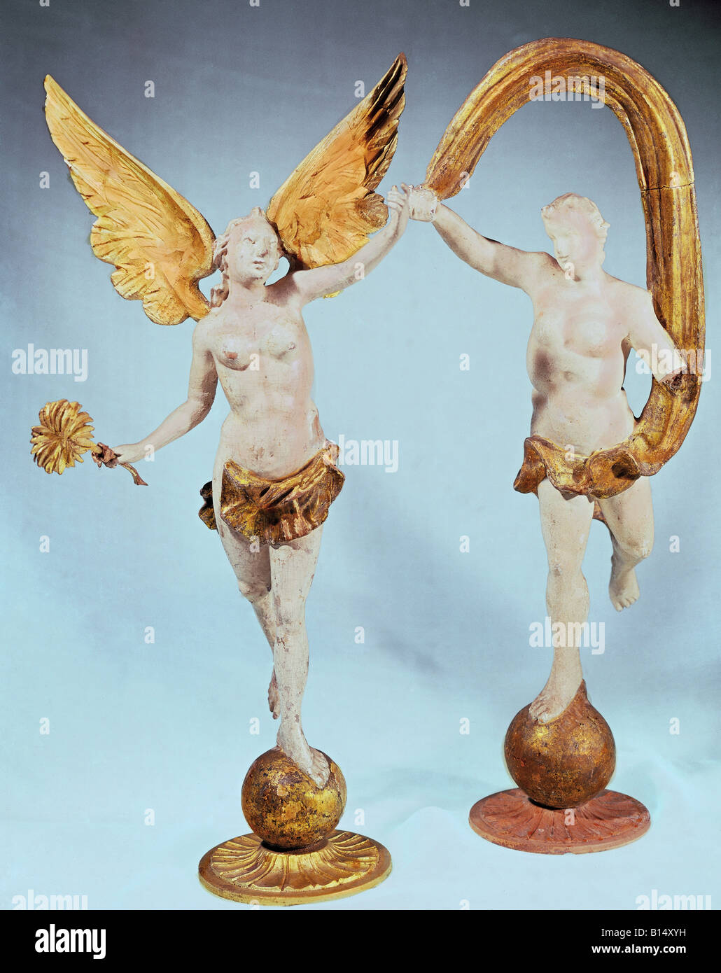 fine arts, sculpture, two angels, cabinet top pieces, second half of the 18th century, wood, hand-carved, painted, Oberammergau, Germany, Oberammergau Museum of Local History, Artist's Copyright has not to be cleared Stock Photo