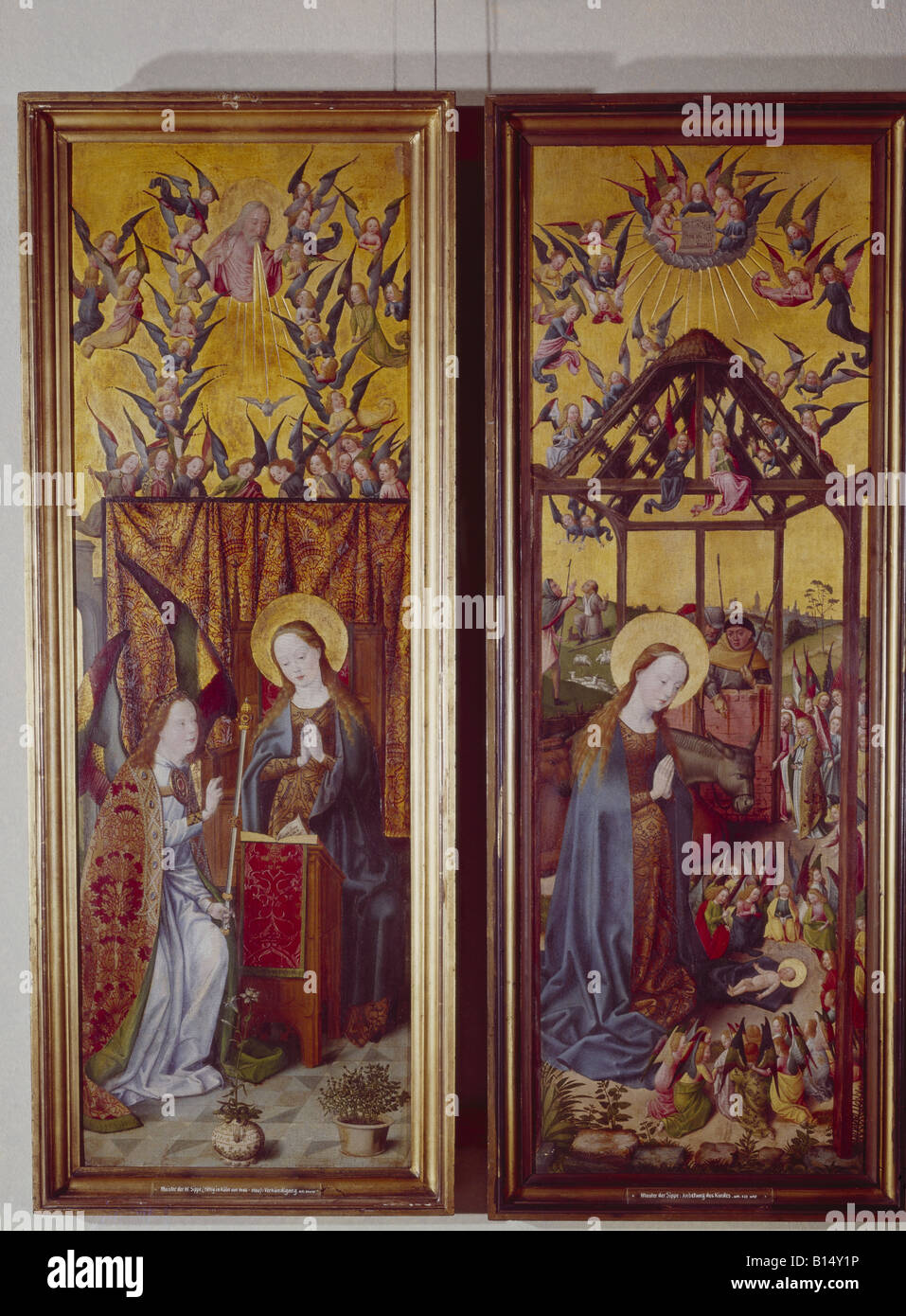 fine arts, Master of the Holy Kin, (1480 - 1520), painting, annunciation and birth of Christ, Germanic National museum, Nuremberg, Germany, Artist's Copyright has not to be cleared Stock Photo