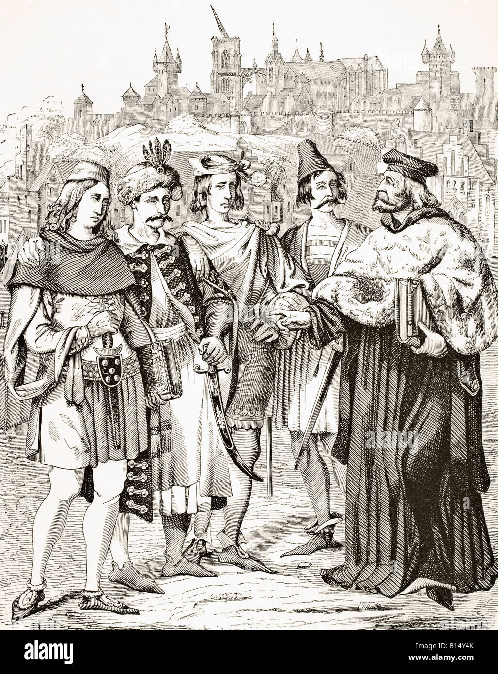 Rector of Prague University and Scholars from different Nations, circa 15th century. Stock Photo
