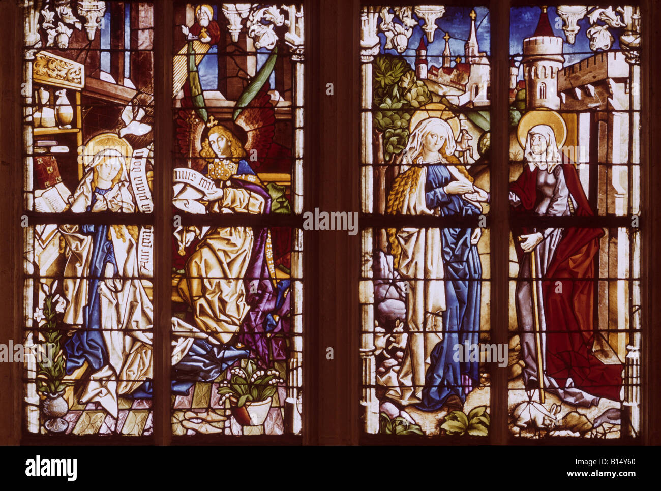 fine arts, Andlau, Peter Hemmel von (1420 - 1480), glass painting, Kramer window, Annunciation and Saint Mary with Elisabeth, Ulm Cathedral, Ulm, Germany, Artist's Copyright has not to be cleared Stock Photo