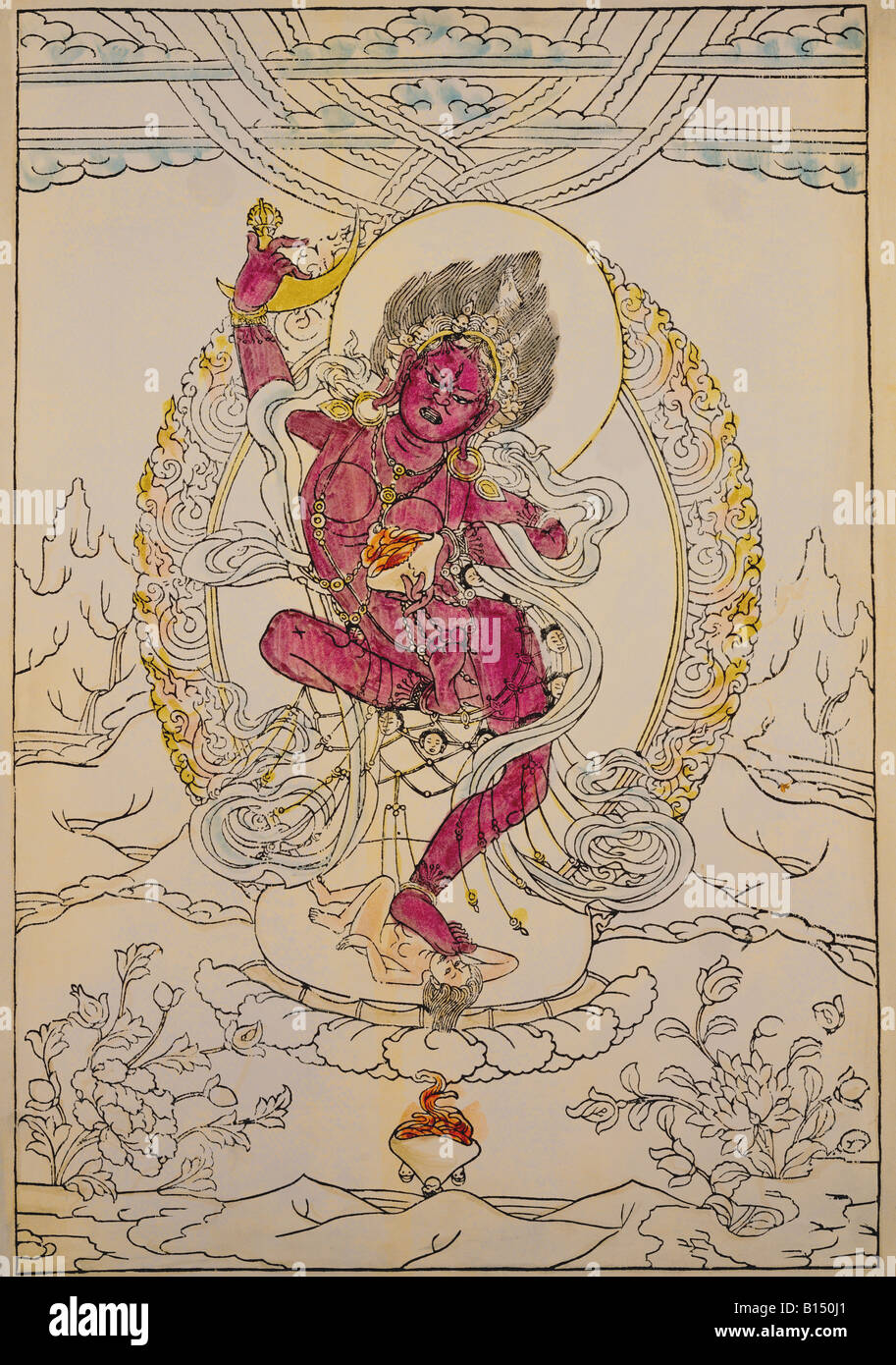 fine arts, Tibet, graphic, goddess Dorje Pa Mo, coloured woodcut, 19th/20th century, private collection, , Artist's Copyright has not to be cleared Stock Photo