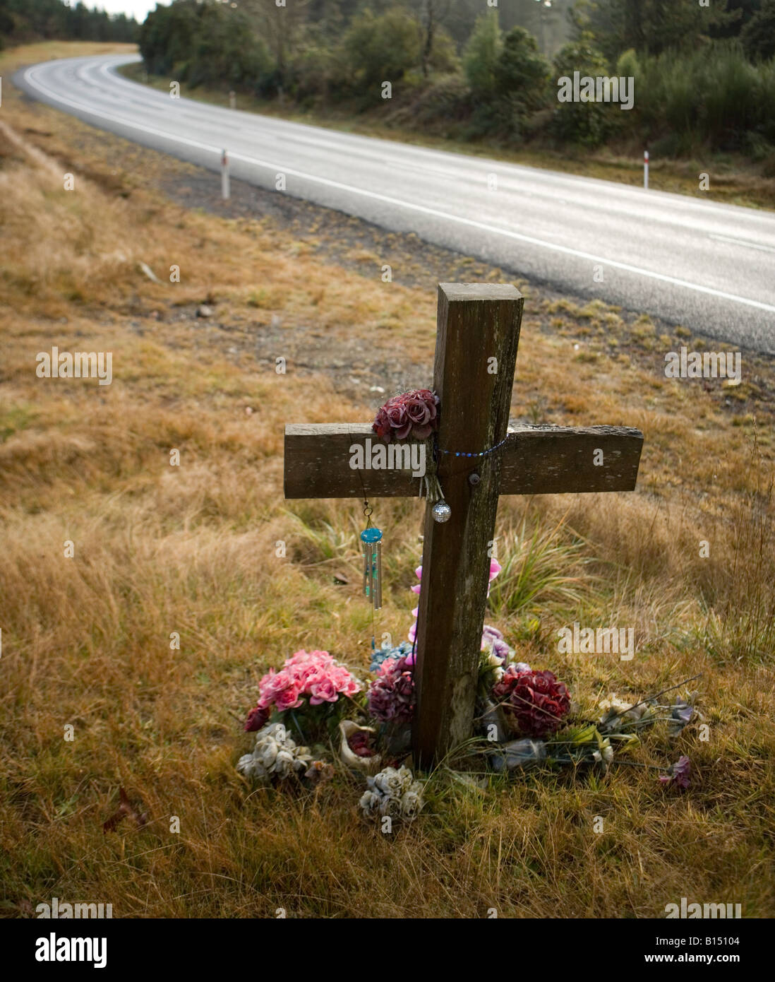 Cross beside state highway one near Turangi New Zealand Probably a roadside memorial to a road traffic death Stock Photo