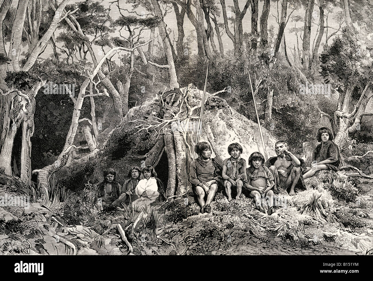 The Fuegians and their wigwams on Tierra del Fuego.  From the book Journal of Researches by Charles Darwin Stock Photo