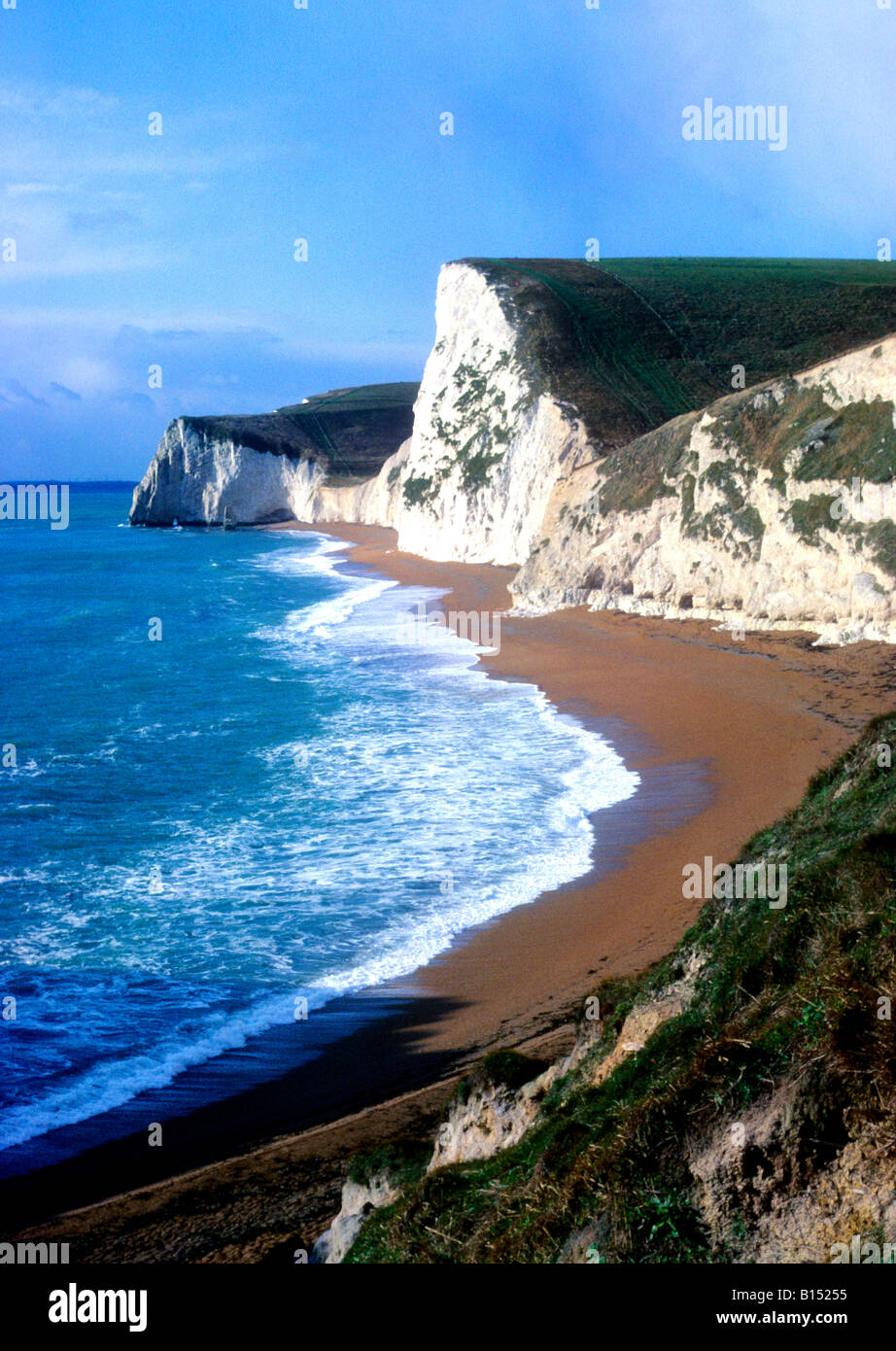 Bat's Head Dorset white chalk cliffs beach surf foam coast coastal sea bay waves England English Channel scenery landscape UK Stock Photo