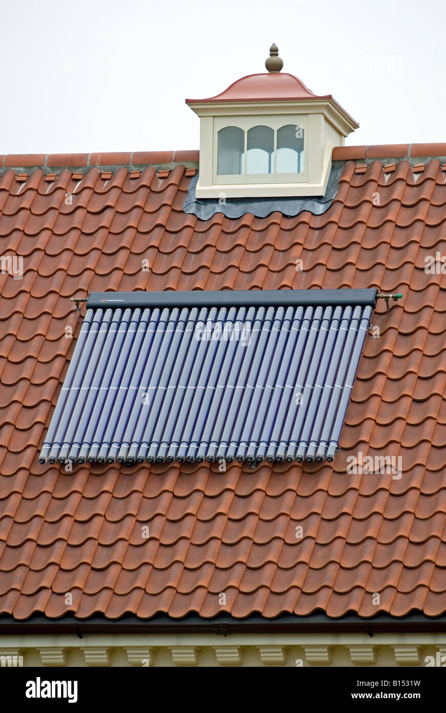 Solar panel on a 'Fortune-creating' house built on the principles of Maharishi Sthapatya, Rendlesham, Woodbridge, Suffolk, UK. Stock Photo