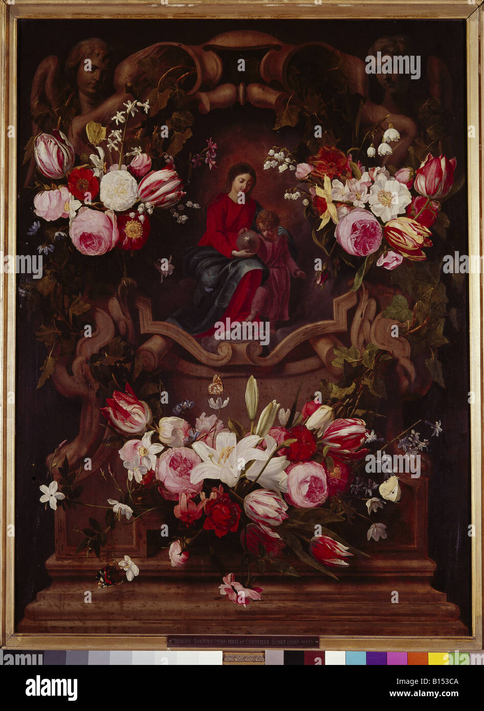 fine arts, Seghers, Daniel, (1590 - 1661), painting, 'floral wreath with Madonna and child', oil on copper, 197,5 cm x 79,5 cm, museum of fine arts, Ghent, Belgium, Artist's Copyright has not to be cleared Stock Photo