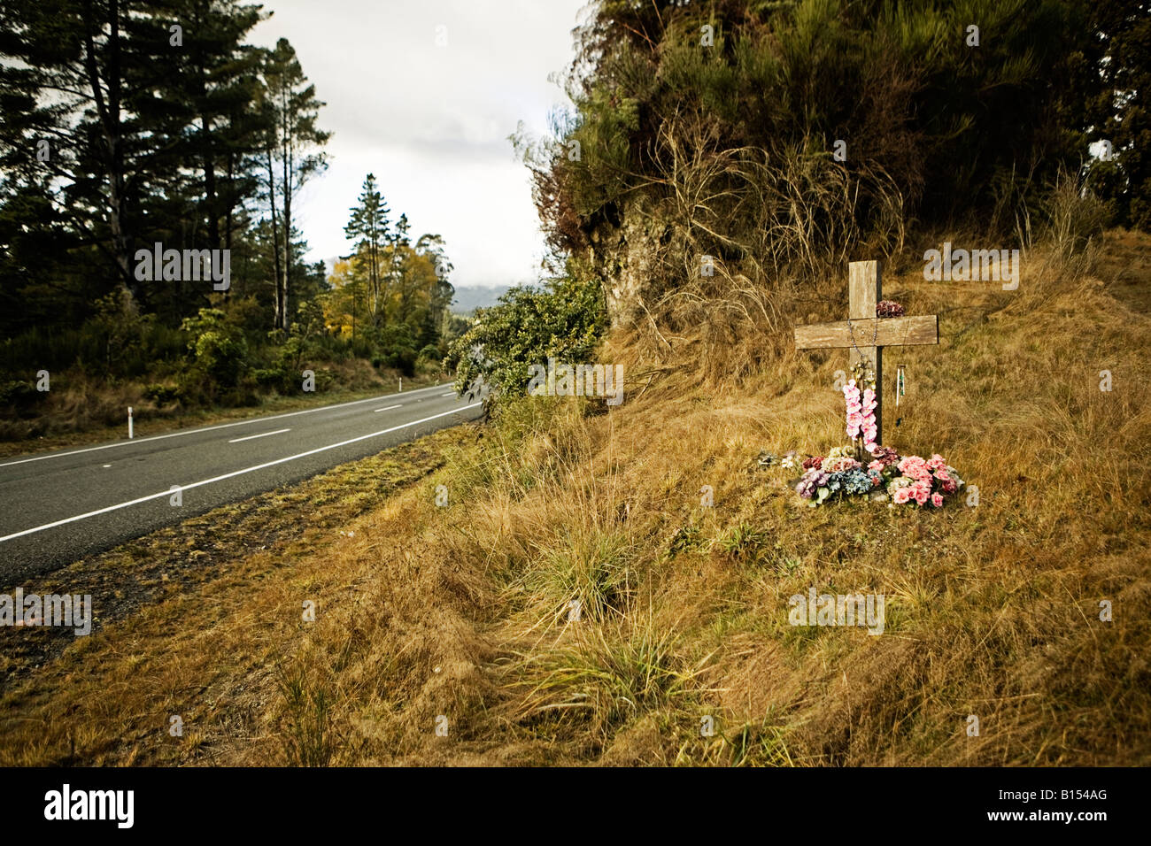 Cross beside state highway one near Turangi New Zealand Probably a roadside memorial to a road traffic death Stock Photo