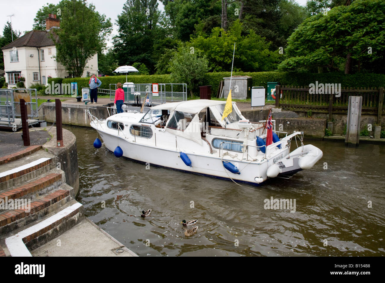 Summer barge boating canal england lock marlow weir lock holiday Stock Photo