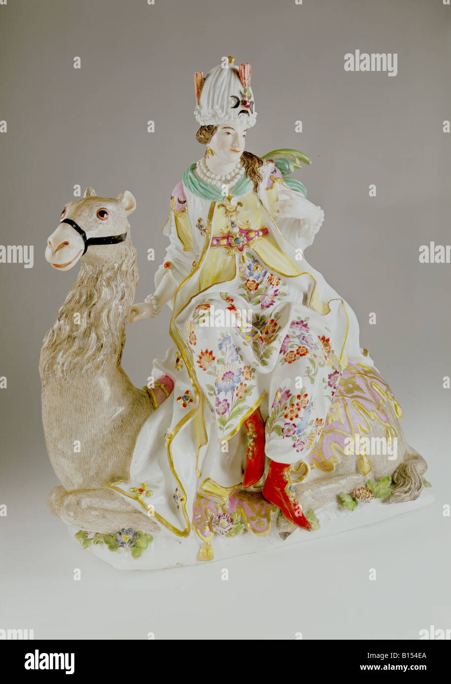 fine arts, porcelain, Meissen porcelain, figure symbolising the continent Asia, height 15.4 cm, design by Johann Joachim Kaendler (1715 - 1768), Meissen, Germany, after 1752, Bavarian National Museum, Munich, Artist's Copyright has not to be cleared Stock Photo