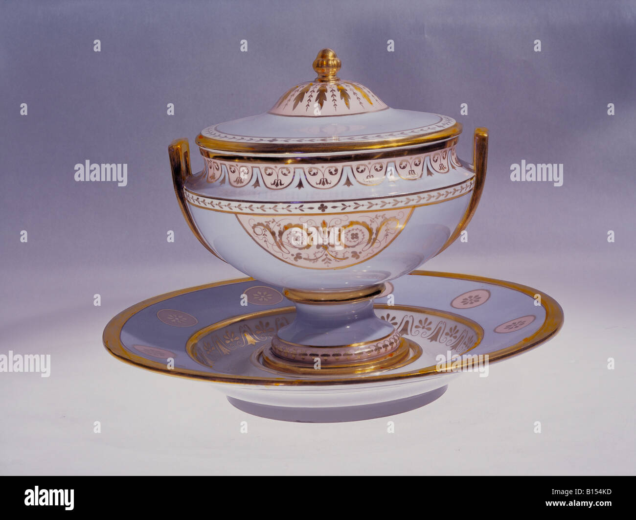 fine arts, porcelain, tureen, height 19 cm, plate, diameter 23 cm, Empire decor, Nymphenburg Porcelain Manufactory, Germany, circa 1820, Munich Residence, porcelain collection, Artist's Copyright has not to be cleared Stock Photo