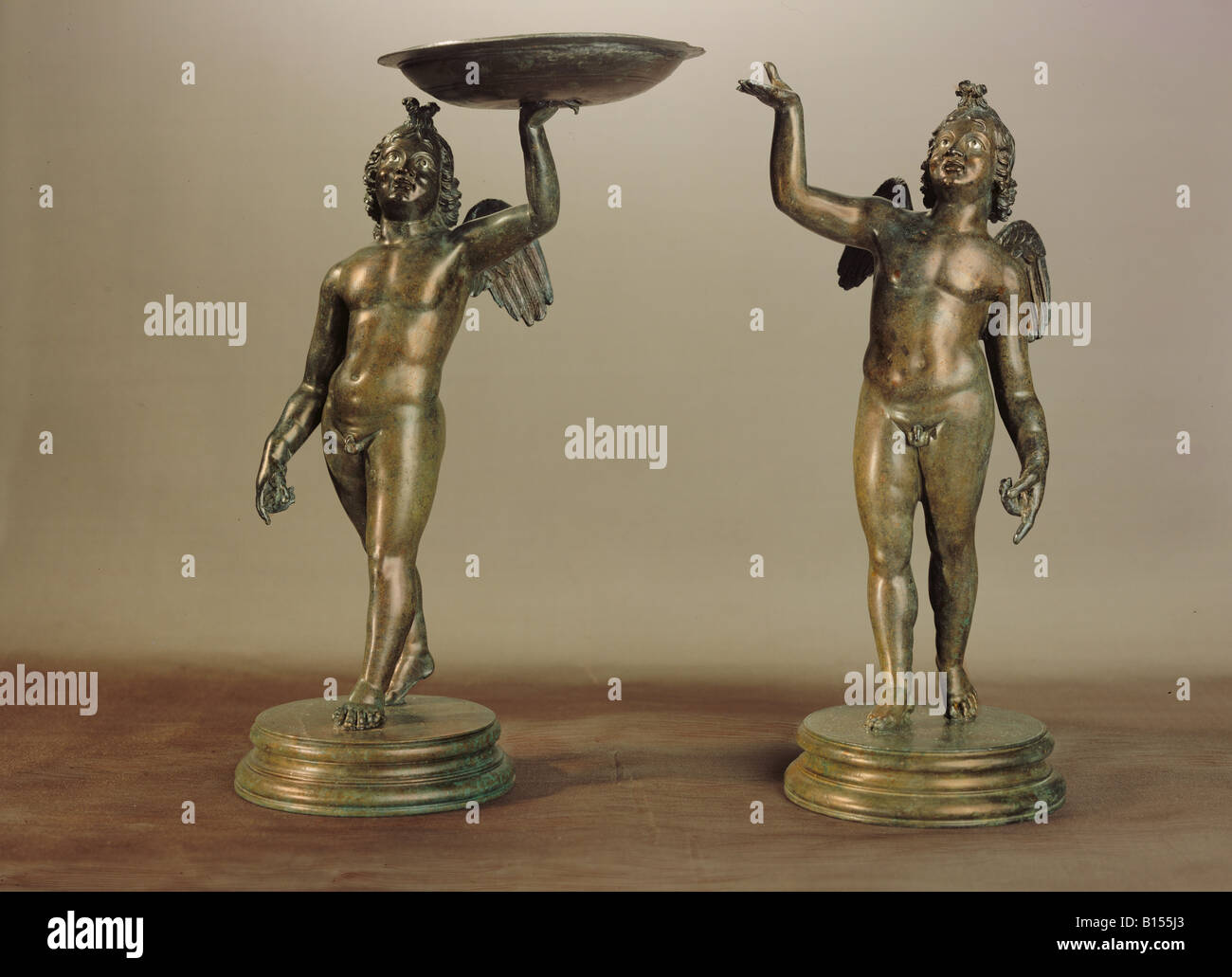 fine arts, ancient world, Roman Empire, sculpture, two statues of Eros, bronze, early 3rd century AD, Weissenburg treasure, State Archeological Collection, Munich, , Artist's Copyright has not to be cleared Stock Photo