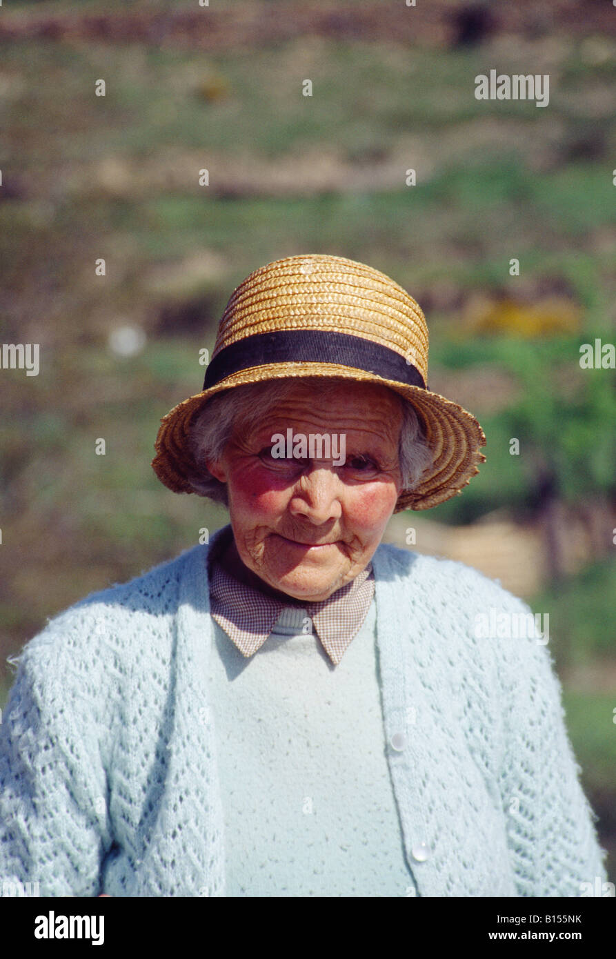 Portrait of an elderly woman wearing straw hat. Soria province. Castile Leon. Spain. Stock Photo