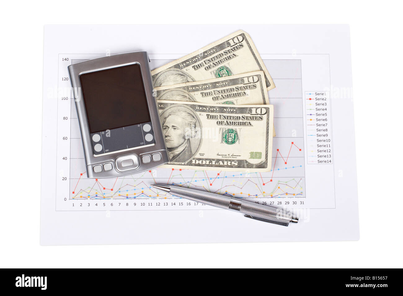 PDA pen and dollars on market business financial chart isolated on