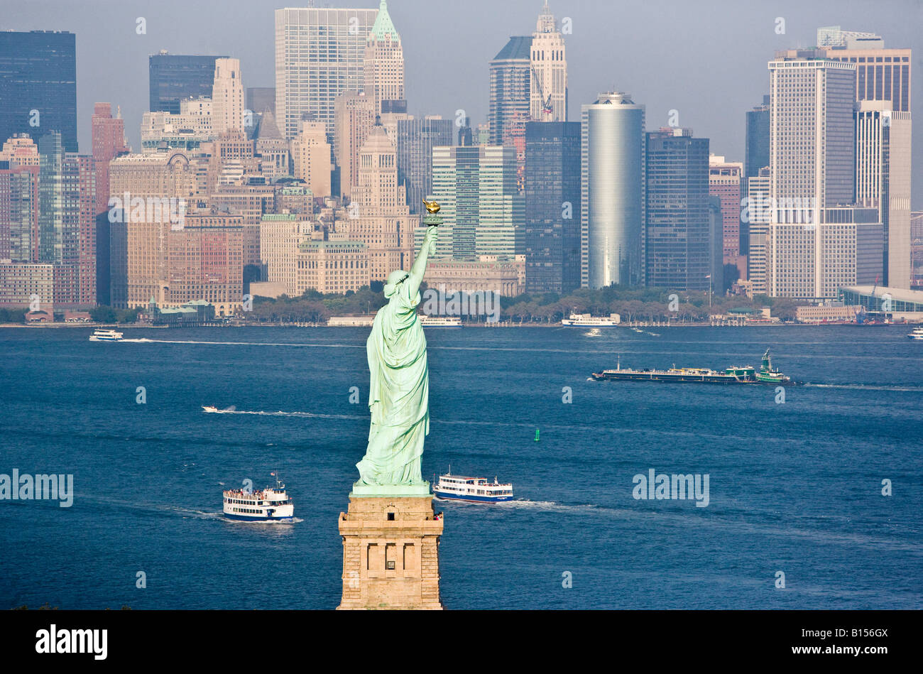 Aerial view of the Statue of Liberty and Lower Manhattan, New York City