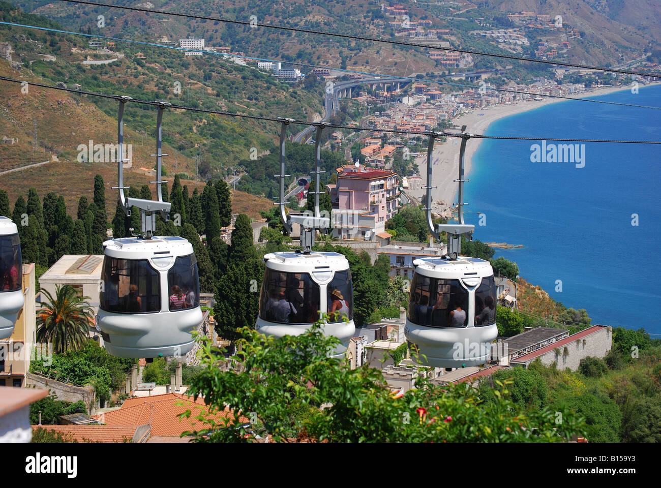 Cable-car to Mazzaro Beach, Taormina, Messina Province, Sicily, Italy Stock Photo