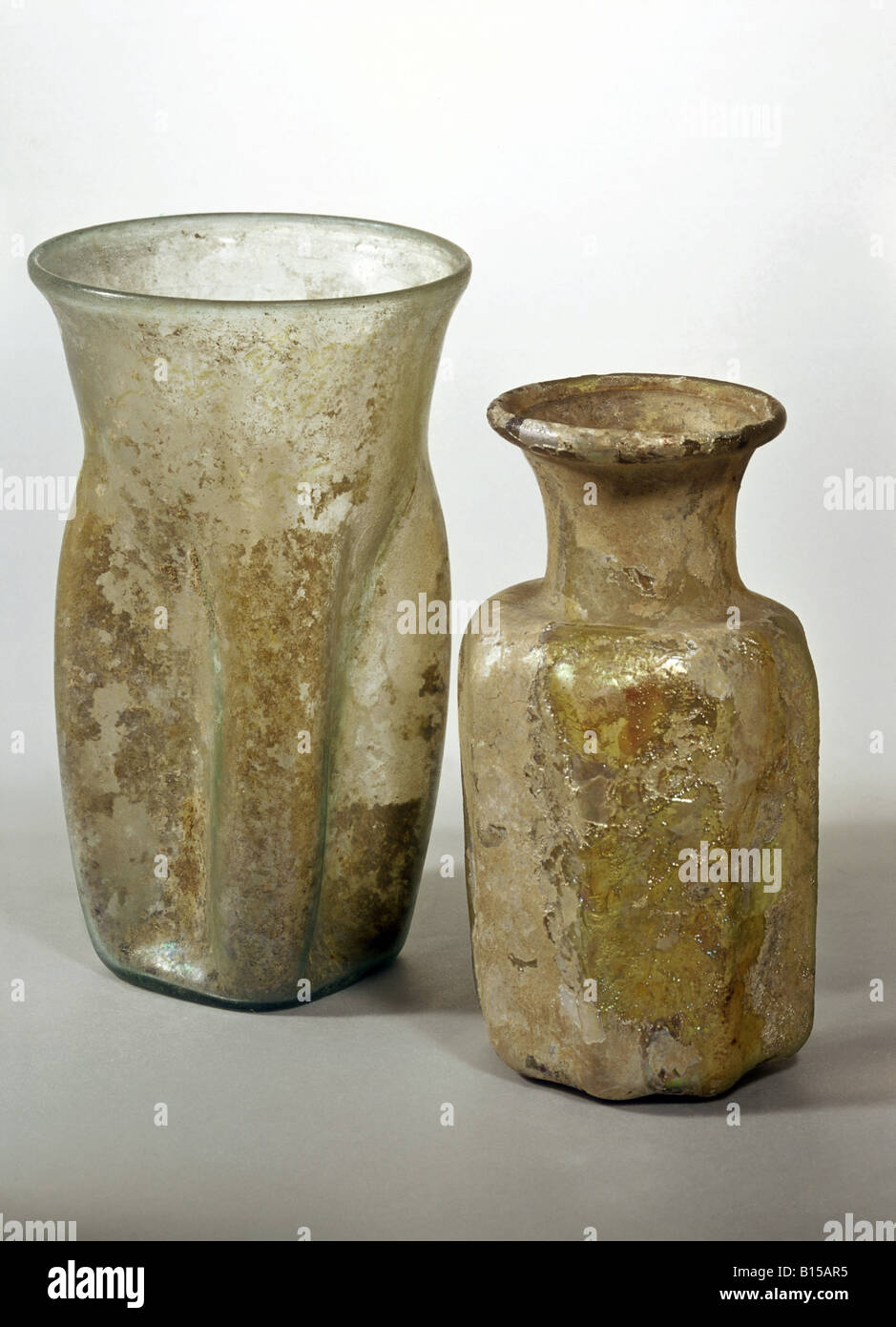 fine arts, ancient world, Roman Empire, glass, bottles, Rhineland, 2nd/3rd century AD, private collection, , Artist's Copyright has not to be cleared Stock Photo