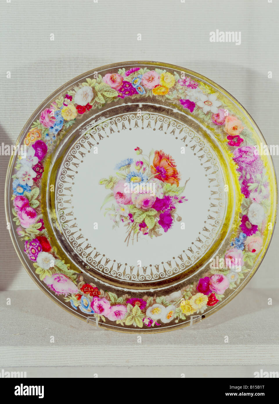 fine arts, porcelain, plate, painted, gold plaiting, flowers, Sevres porcelain manufactory, France, circa 1806 / 1808, Munich Residence, porcelain collection, Artist's Copyright has not to be cleared Stock Photo