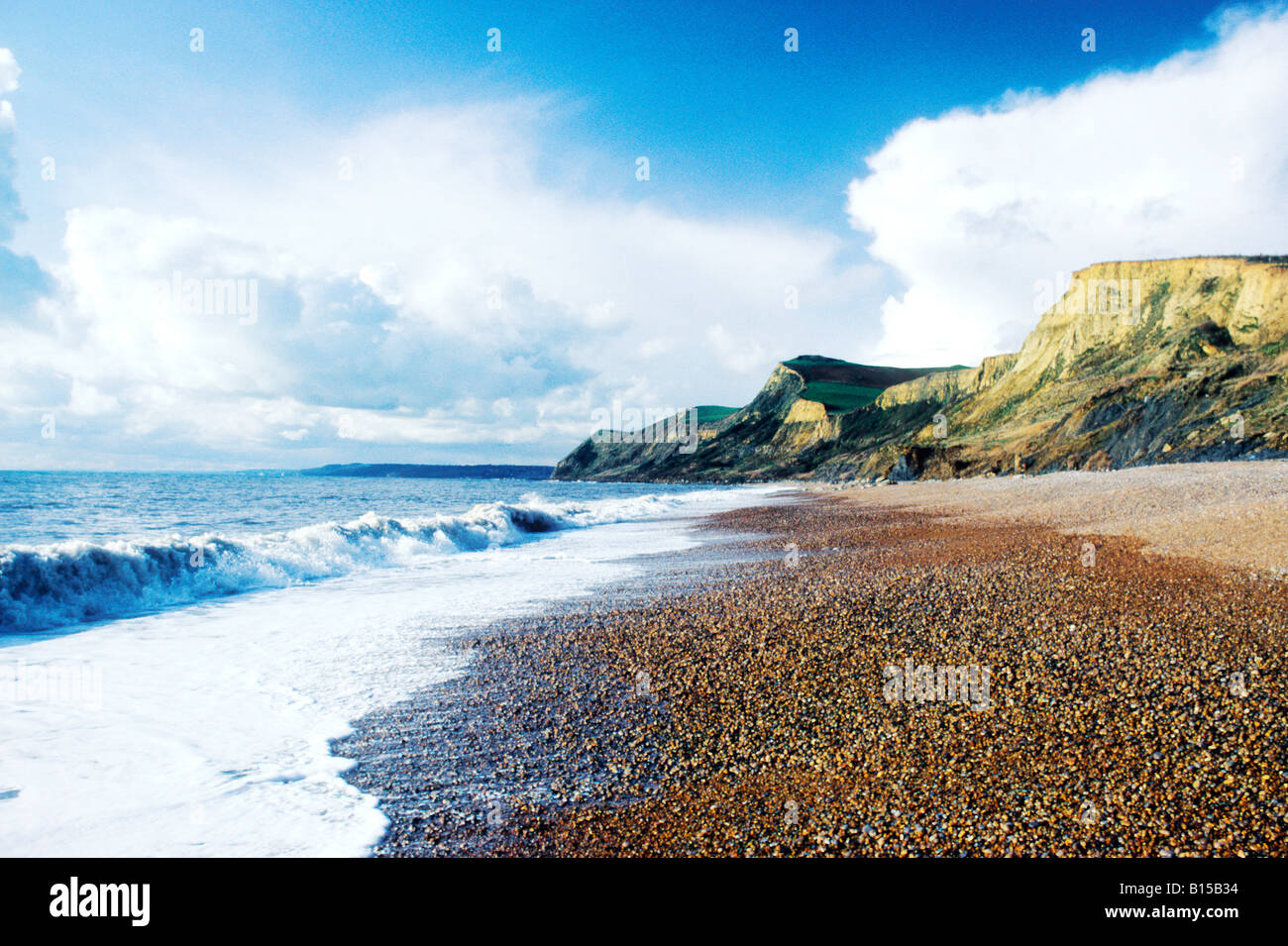 Eype Mouth Beach Dorset cliffs white foam foaming surf sea beach waves English Channel coast