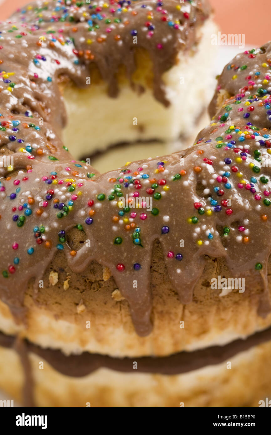 Chocolate filled angel food cake covered with chocolate frotsy and