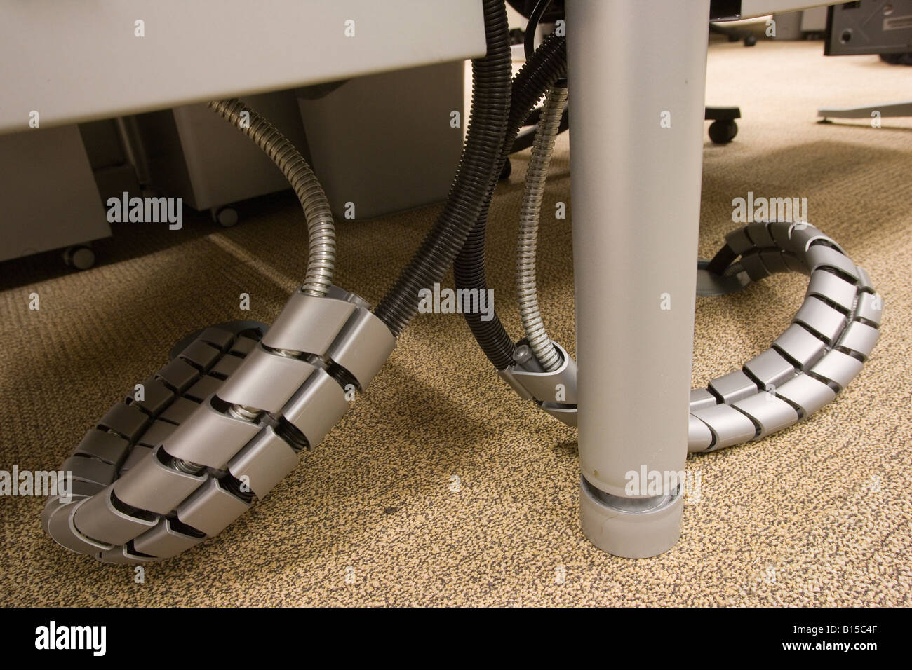 Cable tidies come out of the floor in a newly constructed office building. Stock Photo